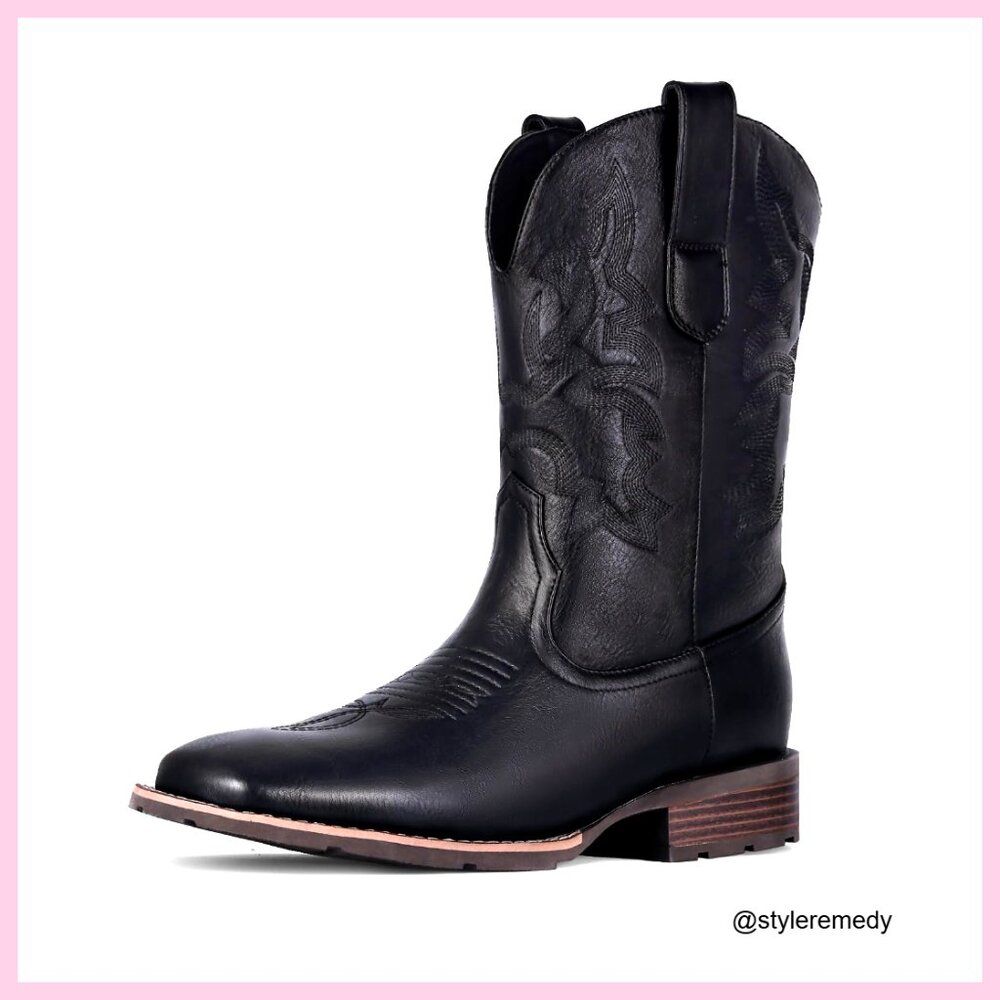 Men's Western Boots Square Toe Chunky Heel Slip Resistant Embroidery